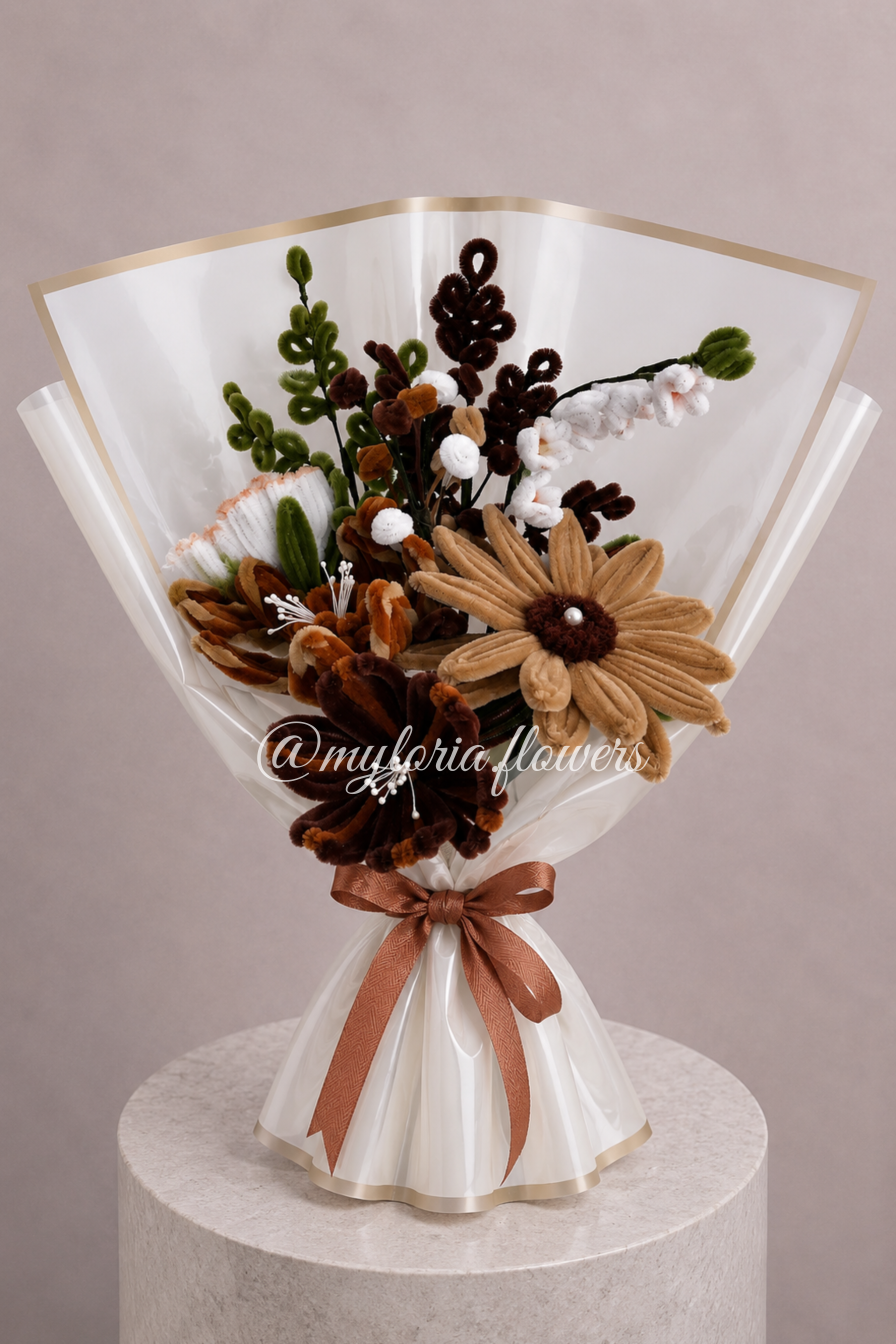 Bouquet éternel marron, beige et blanc