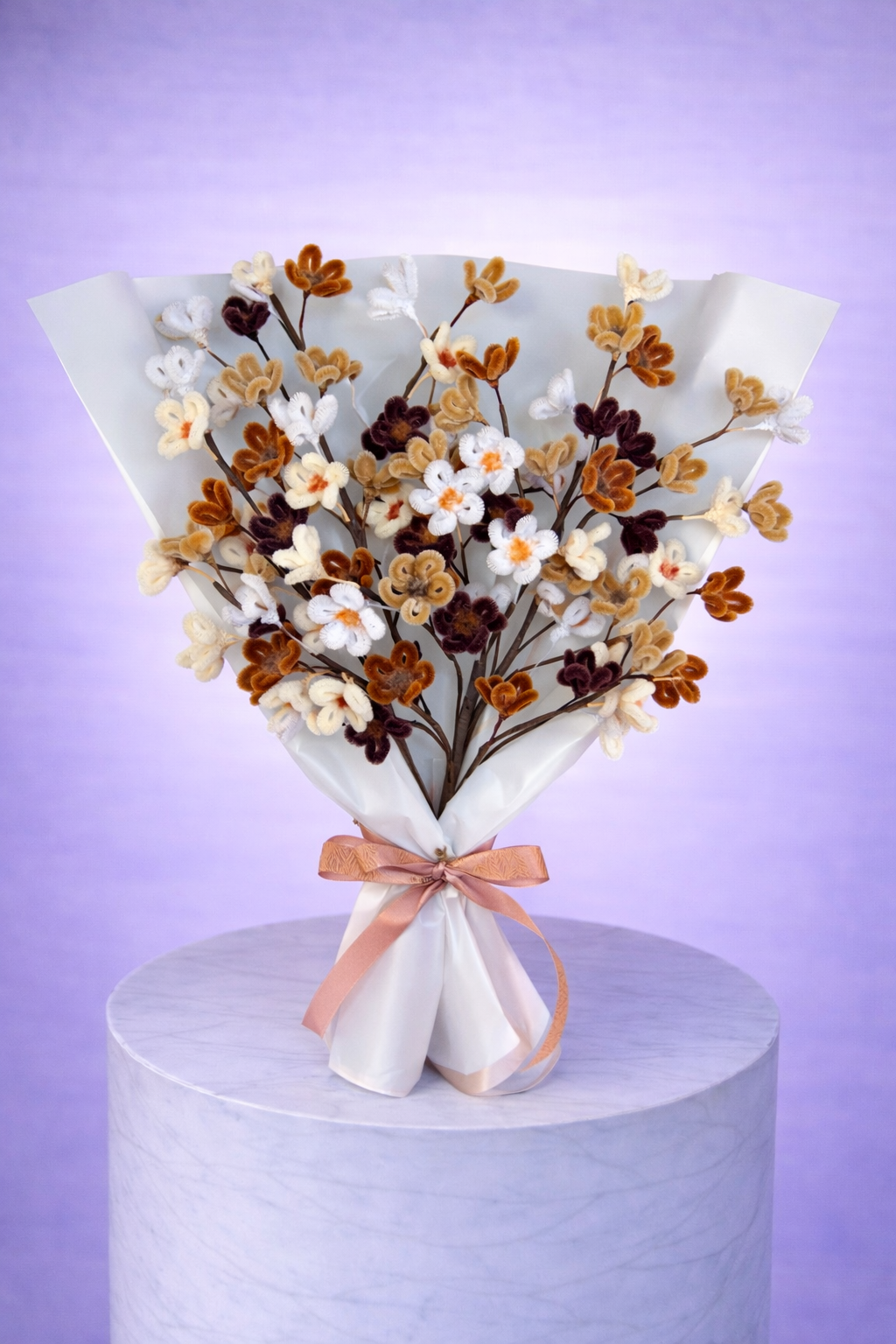 Bouquet éternel marron, beige et blanc