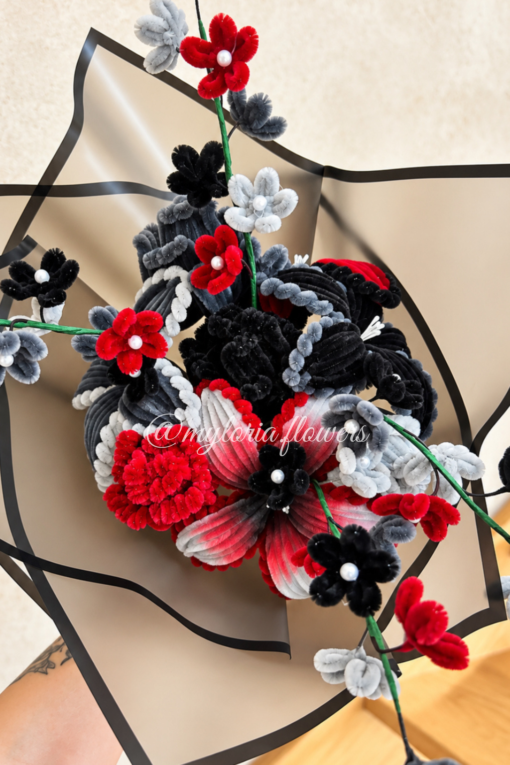 Bouquet Éternel Rouge, Noir & Gris